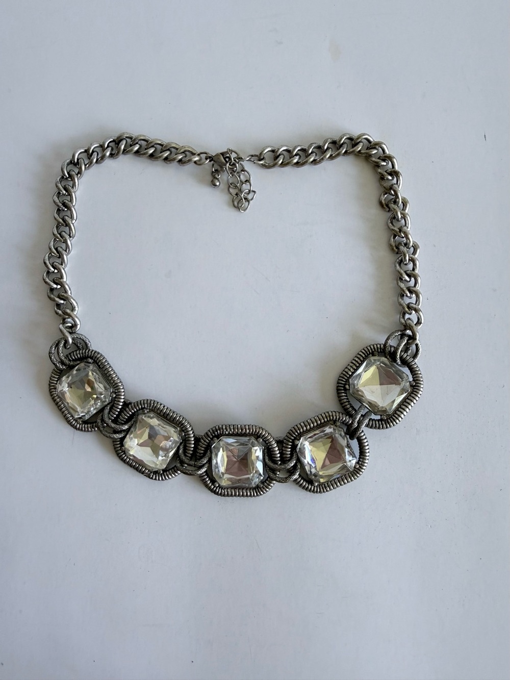 Silver-Tone Collar Necklace with Clear Stones